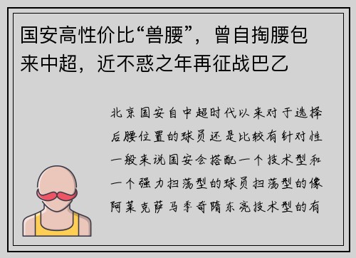 国安高性价比“兽腰”，曾自掏腰包来中超，近不惑之年再征战巴乙